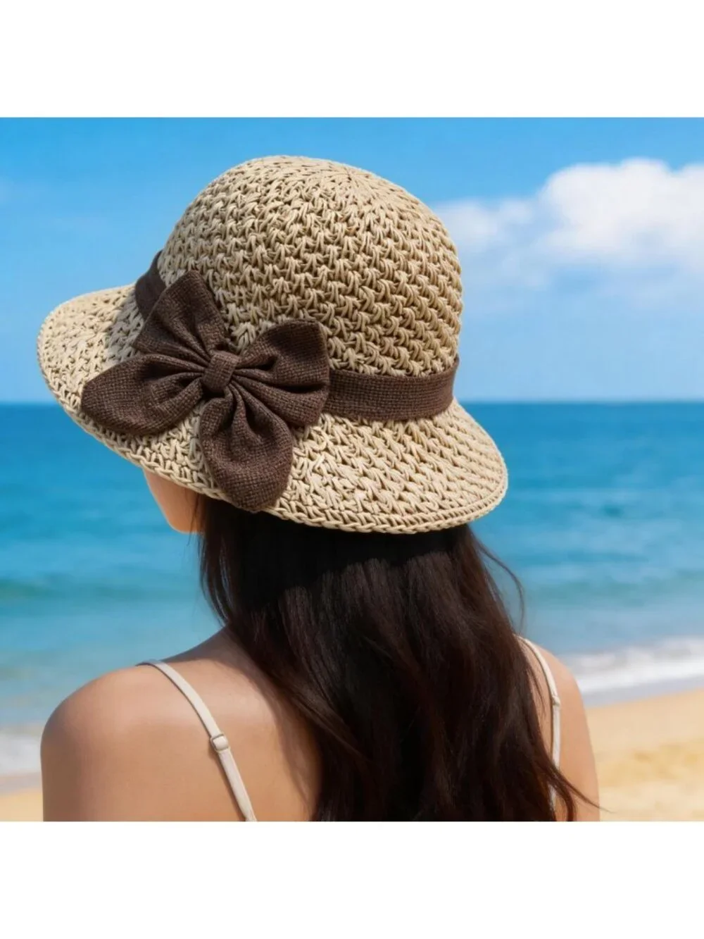 Chic Retro Woven Straw Hat with Ruffled Bow - Foldable, Breathable Sun